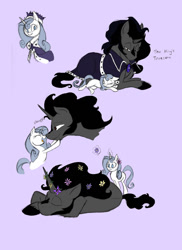 Size: 762x1048 | Tagged: safe, artist:assassin-or-shadow, derpibooru import, king sombra, princess platinum, pony, unicorn, boop, cute, daughter, eyes closed, father, floppy ears, flower, flower in hair, happy, magic, noseboop, on side, open mouth, parent:king sombra, prone, sleeping, smiling, telekinesis