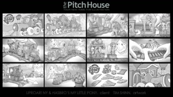 Size: 1353x758 | Tagged: safe, artist:timshinn73, derpibooru import, fluttershy, pinkie pie, rarity, spike, twilight sparkle, human, advertisement, comic, friendship express, monochrome, storyboard, train