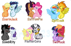 Size: 1124x736 | Tagged: safe, artist:firefox238, derpibooru import, applejack, big macintosh, fluttershy, king sombra, pinkie pie, rainbow dash, rarity, saffron masala, soarin', spitfire, twilight sparkle, twilight sparkle (alicorn), zecora, alicorn, earth pony, pegasus, pony, unicorn, crack shipping, female, lesbian, male, saffronpie, shipping, shycora, simple background, soarinjack, sombrarity, spitdash, straight, transparent background, twimac