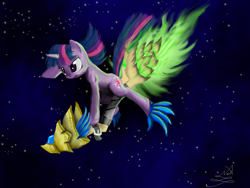 Size: 1600x1200 | Tagged: safe, artist:xilenobody143, derpibooru import, twilight sparkle, pony, unicorn, flying, glider, keyblade, kingdom hearts, solo, space