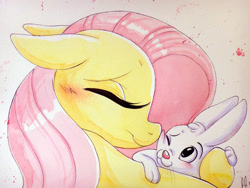 Size: 1341x1008 | Tagged: safe, artist:prettypinkpony, angel bunny, fluttershy, pegasus, pony, angelshy, cuddling, eyes closed, female, floppy ears, male, shipping, snuggling, straight, traditional art, watercolor painting