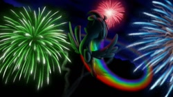 Size: 1366x768 | Tagged: safe, artist:yalcahoon, derpibooru import, rainbow dash, pegasus, pony, eyes closed, fireworks, flying, solo