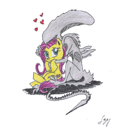 Size: 1824x1975 | Tagged: safe, artist:leyzy, fluttershy, pegasus, pony, alien (franchise), crossover, cuddling, heart, snuggling, xenomorph