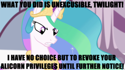 Size: 640x360 | Tagged: safe, screencap, princess celestia, alicorn, pony, displeased, episode needed, image macro, implied twilight sparkle, meme, punishment, unamused