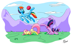 Size: 1200x720 | Tagged: safe, artist:alloco, derpibooru import, fluttershy, rainbow dash, twilight sparkle, twilight sparkle (alicorn), alicorn, pegasus, pony, ball, female, mare