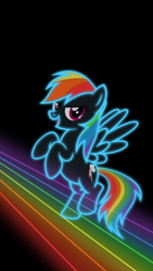 Size: 1080x1920 | Tagged: safe, artist:cheezedoodle96, derpibooru import, rainbow dash, pegasus, pony, female, mare, neon, rainbow, solo, vector, wallpaper