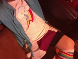 Size: 1600x1200 | Tagged: safe, derpibooru import, photographer:mr.sparkle, rainbow dash, human, alcohol, beer, clothes, compression shorts, cosplay, costume, crossdressing, crossplay, cutie mark, irl, irl human, photo, rainbow socks, shorts, skirt, socks, solo, striped socks