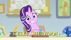 Size: 1920x1080 | Tagged: safe, edit, edited screencap, screencap, starlight glimmer, pony, unicorn, student counsel, awkward smile, bracelet, female, floppy ears, food, inkwell, jewelry, kelly sheridan, looking at you, mare, photo, sitting, solo, starlight's office, text, too many cooks