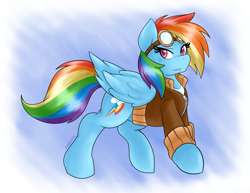 Size: 1280x989 | Tagged: safe, artist:ambris, derpibooru import, rainbow dash, pegasus, pony, bomber jacket, clothes, colored pupils, female, goggles, jacket, looking at you, mare, solo