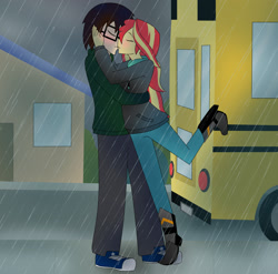 Size: 2024x2000 | Tagged: safe, artist:xan-gelx, sunset shimmer, oc, human, equestria girls, bus, canon x oc, clothes, commission, converse, eyes closed, female, glasses, house, human male, jacket, kissing, male, pants, rain, shoes