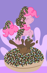 Size: 600x927 | Tagged: safe, artist:strawberryfountains, pinkie pie, earth pony, pony, chocolate, donut, solo, sprinkles