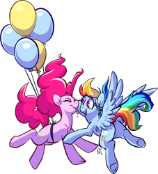 Size: 3984x4380 | Tagged: safe, artist:comikazia, derpibooru import, pinkie pie, rainbow dash, earth pony, pegasus, pony, balloon, face licking, female, flying, lesbian, licking, pinkiedash, shipping, then watch her balloons lift her up to the sky, tongue out, underhoof