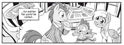 Size: 1900x695 | Tagged: safe, artist:nekoshiei, seven seas, derpy hooves, doctor whooves, spike, dragon, earth pony, pegasus, pony, my little pony: the manga, my little pony: the manga volume 1, spoiler:manga, spoiler:manga1, clothes, doctor who, female, male, manga, mare, monochrome, rope, stallion, tardis, wide eyes, winged spike