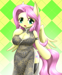 Size: 578x700 | Tagged: safe, artist:hashioaryut, fluttershy, anthro, alternate color palette, arm hooves, breasts, cheongsam, chinese new year, cleavage, clothes, female, hootershy, pixiv, solo
