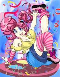 Size: 855x1093 | Tagged: safe, artist:fourze-pony, pinkie pie, human, cleavage, clothes, confetti, curvy, cute, female, humanized, smiling, socks, solo, striped socks