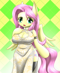 Size: 578x700 | Tagged: safe, artist:hashioaryut, fluttershy, anthro, alternate color palette, arm hooves, breasts, cheongsam, chinese new year, cleavage, clothes, female, hootershy, pixiv, solo