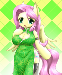 Size: 578x700 | Tagged: safe, artist:hashioaryut, fluttershy, anthro, alternate color palette, arm hooves, breasts, cheongsam, chinese new year, cleavage, clothes, female, hootershy, pixiv, solo