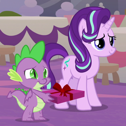 Size: 1080x1080 | Tagged: safe, screencap, spike, starlight glimmer, dragon, pony, unicorn, the last problem, cropped, duo, female, male, mare, present, winged spike