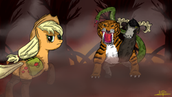 Size: 1920x1080 | Tagged: safe, artist:katsu, applejack, chimera sisters, chimera, earth pony, pony, somepony to watch over me, bag, forest, multiple heads, plot, smoke, three heads, wood