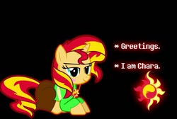 Size: 1211x816 | Tagged: safe, artist:duskyzombie, derpibooru exclusive, sunset shimmer, pony, chara, charaset, solo, undertale