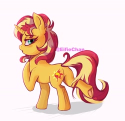 Size: 3200x3100 | Tagged: safe, artist:katakiuchi4u, sunset shimmer, pony, unicorn, female, freckles, looking at you, looking back, looking back at you, mare, open mouth, plot, raised hoof, simple background, solo, underhoof, white background