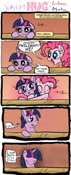 Size: 4277x10500 | Tagged: safe, artist:arkenbrony, artist:redapropos, derpibooru import, pinkie pie, twilight sparkle, earth pony, pony, :t, absurd resolution, comic, feels, floppy ears, frown, grin, hug, implied death, it started with a hug, leaning, mood whiplash, sad, smiling, surprised