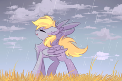 Size: 2449x1632 | Tagged: safe, artist:mirtash, derpy hooves, pegasus, pony, chest fluff, cloud, cute, derpabetes, ear fluff, eyes closed, female, grass, mare, outdoors, rain, rcf community, smiling, solo, spread wings, wet, wings