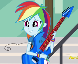 Size: 1227x1011 | Tagged: safe, derpibooru import, screencap, rainbow dash, equestria girls, friendship games, discovery family logo, guitar, reaction image, solo