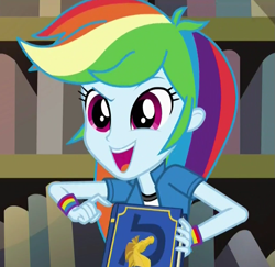 Size: 1043x1013 | Tagged: safe, derpibooru import, screencap, rainbow dash, equestria girls, friendship games, cute, dashabetes, reaction image, solo, yearbook