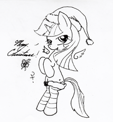 Size: 1485x1594 | Tagged: safe, artist:dereklestrange, derpibooru import, twilight sparkle, christmas, clothes, hat, holly, holly mistaken for mistletoe, monochrome, santa hat, solo, stockings, traditional art