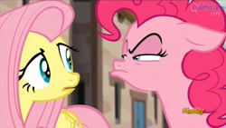 Size: 1466x824 | Tagged: safe, screencap, fluttershy, pinkie pie, earth pony, pegasus, pony, the cutie map, faic, pouting, when she doesn't smile