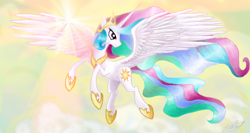 Size: 1366x728 | Tagged: safe, artist:gaelledragons, princess celestia, alicorn, pony, flying, lens flare, solo