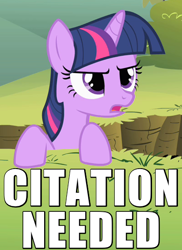 Size: 400x550 | Tagged: safe, derpibooru import, edit, edited screencap, screencap, twilight sparkle, feeling pinkie keen, caption, citation needed, cropped, image macro, reaction image, skeptical, solo, unhappy, wikipedia