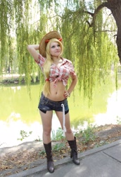 Size: 1411x2048 | Tagged: safe, artist:kim-kim-kim, applejack, human, belly button, boots, clothes, cosplay, front knot midriff, hat, irl, irl human, midriff, photo, shorts, straw hat