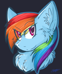 Size: 1024x1225 | Tagged: safe, artist:umiko-tan, derpibooru import, rainbow dash, pegasus, pony, black background, bust, chest fluff, ear fluff, signature, simple background, solo