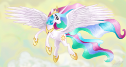 Size: 1366x728 | Tagged: safe, artist:gaelledragons, princess celestia, alicorn, pony, female, flying, horn, mare, multicolored mane, solo, white coat