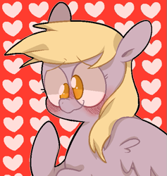 Size: 529x559 | Tagged: safe, artist:pinkiespresent, derpy hooves, pegasus, pony, blushing, bust, cute, derpabetes, female, heart, mare, no pupils, portrait, solo