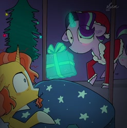 Size: 1085x1100 | Tagged: safe, artist:sea--crystal, starlight glimmer, sunburst, pony, unicorn, christmas, christmas tree, clothes, costume, glowing horn, hat, holiday, horn, present, santa costume, santa hat, secret santa, tree