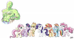 Size: 2417x1277 | Tagged: safe, artist:nobody, artist:ritalux, edit, applejack, fluttershy, pinkie pie, rainbow dash, rarity, sunset shimmer, twilight sparkle, twilight sparkle (alicorn), oc, oc:anon, alicorn, equestria girls, abs, anon gets all the mares, belly button, body hair, mane six, muscles, nipples, nudity, simple background, stupid sexy anon, sweat, towel, white background