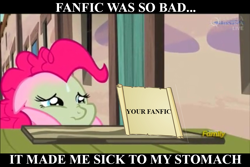 Size: 960x640 | Tagged: safe, edit, edited screencap, screencap, pinkie pie, pony, the cutie map, fanfic, female, green face, mare, nauseous, reaction image, sweat, sweatdrop, winnie the pink