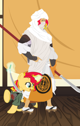 Size: 1260x1980 | Tagged: safe, artist:aaronmk, sunset shimmer, pony, armor, buddhism, feminism, ikko-ikki, interior, katana, monk, naginata, robes, self ponidox, sohei, sword, warrior monk, weapon