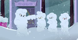 Size: 1512x795 | Tagged: safe, derpibooru import, screencap, applejack, fluttershy, rainbow dash, rarity, better together, equestria girls, street chic, cold weather, covered, cropped, female, huggable, snow, snow-covered applejack, snow-covered fluttershy, snow-covered rainbow dash, snow-covered rarity, winter