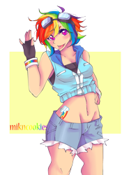 Size: 1224x1656 | Tagged: safe, artist:mikncookies, derpibooru import, rainbow dash, human, abstract background, alternate hairstyle, belly button, clothes, cute, daisy dukes, dashabetes, female, fingerless gloves, gloves, goggles, humanized, looking at you, midriff, solo, tongue out