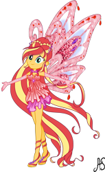 Size: 2185x3577 | Tagged: safe, artist:sparkling-sunset-s08, sunset shimmer, equestria girls, bloom (winx club), clothes, crossover, dress, ear piercing, earring, enchantix, fairy, fairy dust, fairy wings, gloves, hasbro, hasbro studios, jewelry, long gloves, long hair, piercing, rainbow s.r.l, red dress, red wings, winged humanization, wings, winx club