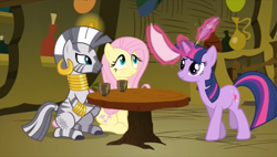 Size: 843x480 | Tagged: safe, derpibooru import, screencap, fluttershy, twilight sparkle, zecora, pegasus, pony, zebra, magic duel