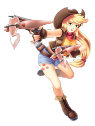 Size: 922x1229 | Tagged: safe, artist:yatonokami, applejack, human, archer, clothes, commission, crossbow, humanized, simple background, solo, transparent background, weapon