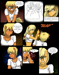 Size: 1275x1610 | Tagged: safe, artist:zoarenso, applejack, ms. harshwhinny, anthro, comic:harsh apples, comic, harsh apples, slap