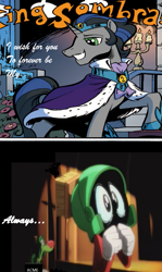 Size: 611x1024 | Tagged: safe, derpibooru import, king sombra, pony, unicorn, spoiler:comic, spoiler:comic18, spoiler:comic19, crossover, good king sombra, k9, looney tunes, marvin the martian, meme, parody, shiny teeth, the looney tunes show