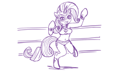 Size: 1280x770 | Tagged: safe, artist:katkathasahathat, rarity, anthro, unguligrade anthro, arm hooves, belly button, boob window, breasts, cleavage, diamond, female, mask, masked, midriff, monochrome, solo, wrestler, wrestling, wrestling ring