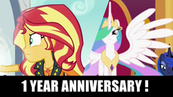 Size: 1920x1080 | Tagged: safe, edit, edited screencap, screencap, princess celestia, princess luna, sunset shimmer, alicorn, pony, equestria girls, equestria girls series, forgotten friendship, angry, anniversary, caption, captions, celebration, clothes, cloud, cloudy, crown, cutie mark, cutie mark clothes, day, determined, exclamation point, family, female, frown, geode of empathy, image macro, impact font, indoors, it happened, jacket, jewelry, leather jacket, magical geodes, one year anniversary, outdoors, portal, princess, regalia, reunion, royal sisters, royalty, shirt, siblings, simple background, sisters, sky, spread wings, symbol, t-shirt, text, the prodigal sunset, throne, throne room, top, transparent background, wall of tags, wings, woman